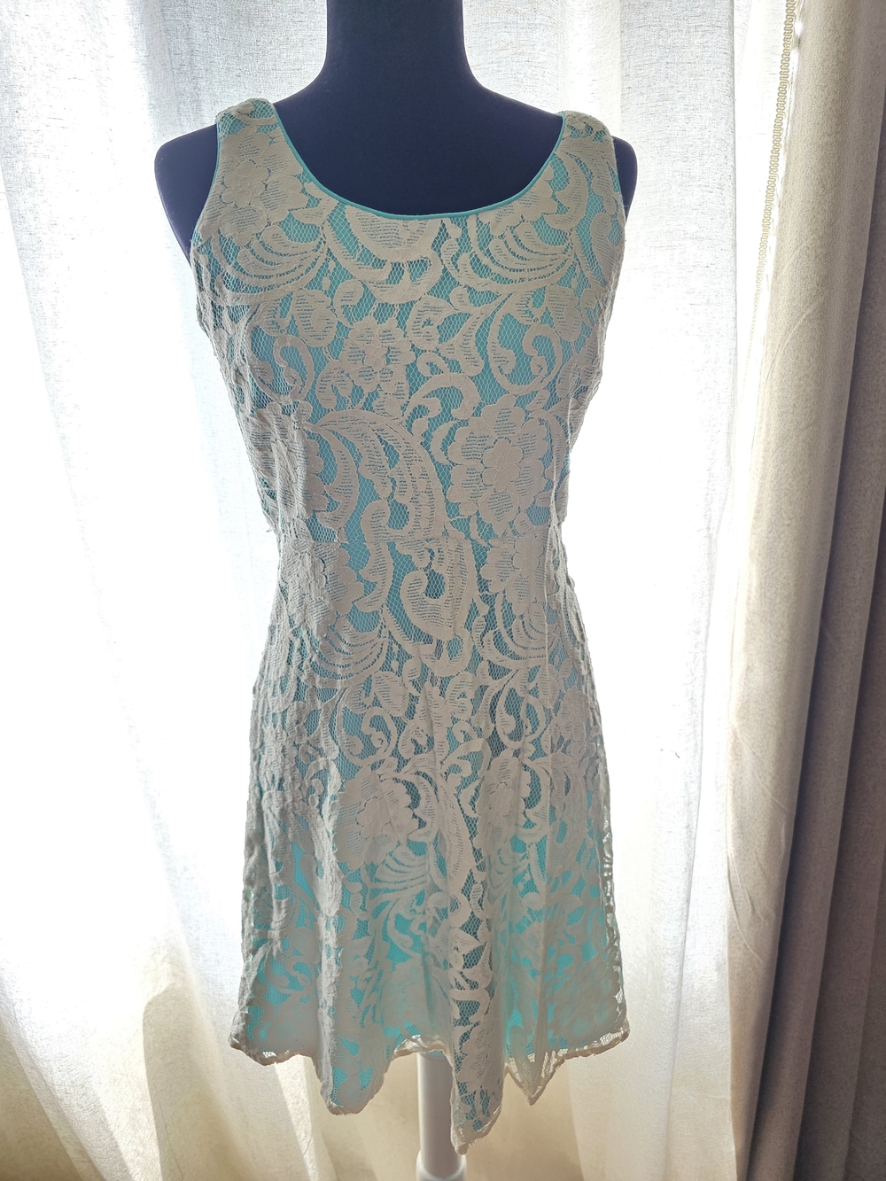 Sandra Darren Aqua Dress with Cream Lace Overlay